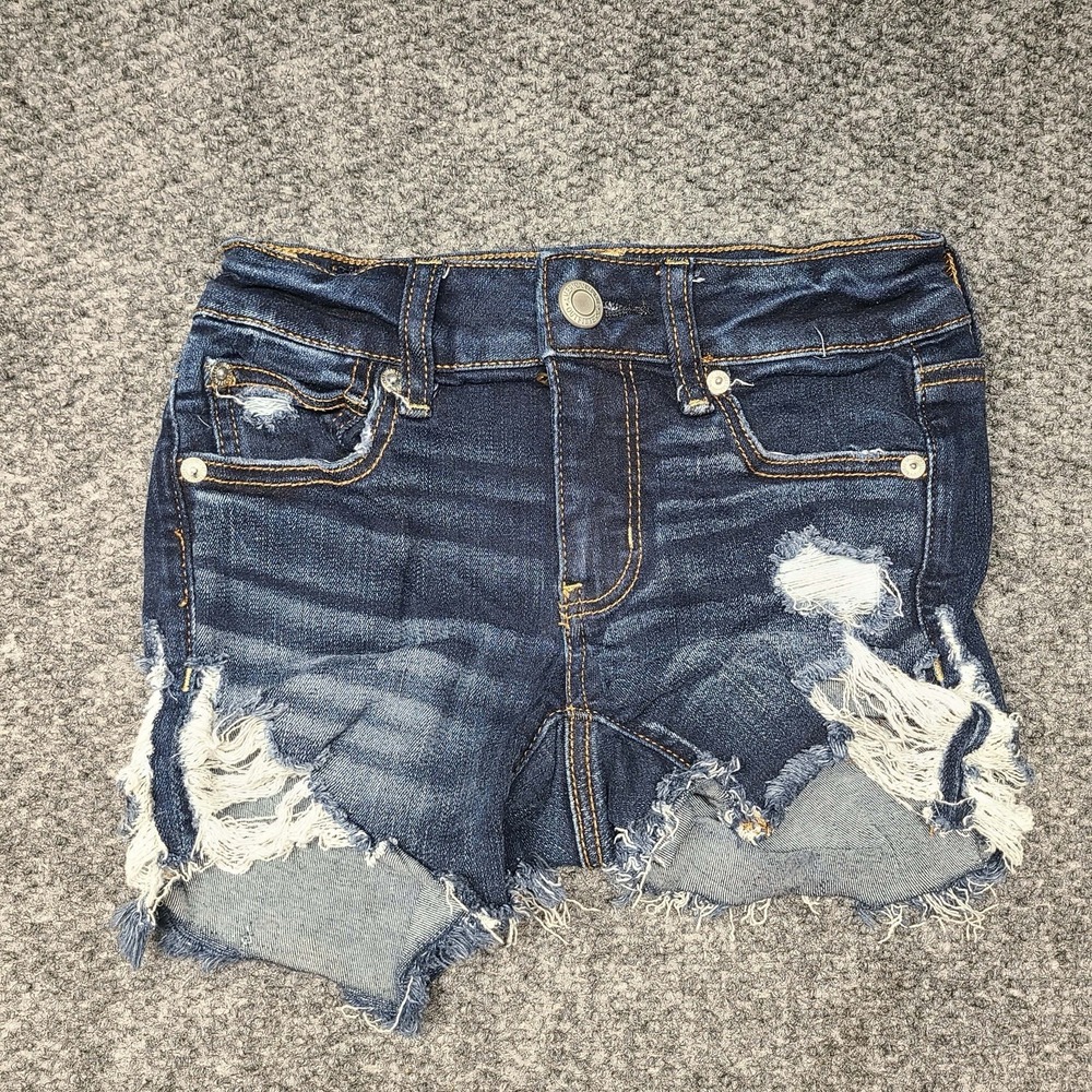 American Eagle Women's Midi Denim Shorts Size 0 Distressed Frayed Hem Dark Wash